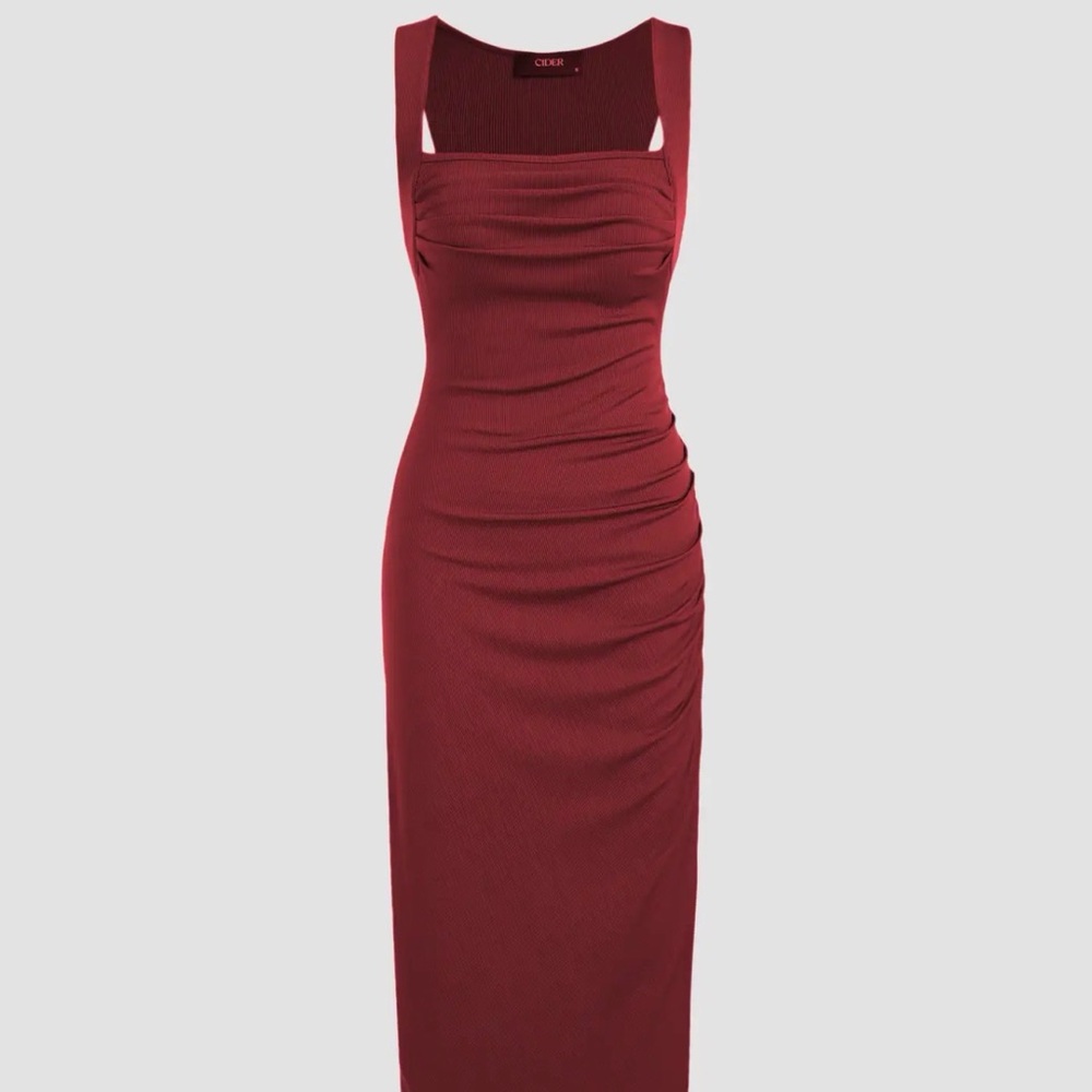 Burgundy red Ruched Square-Neck Maxi Dress